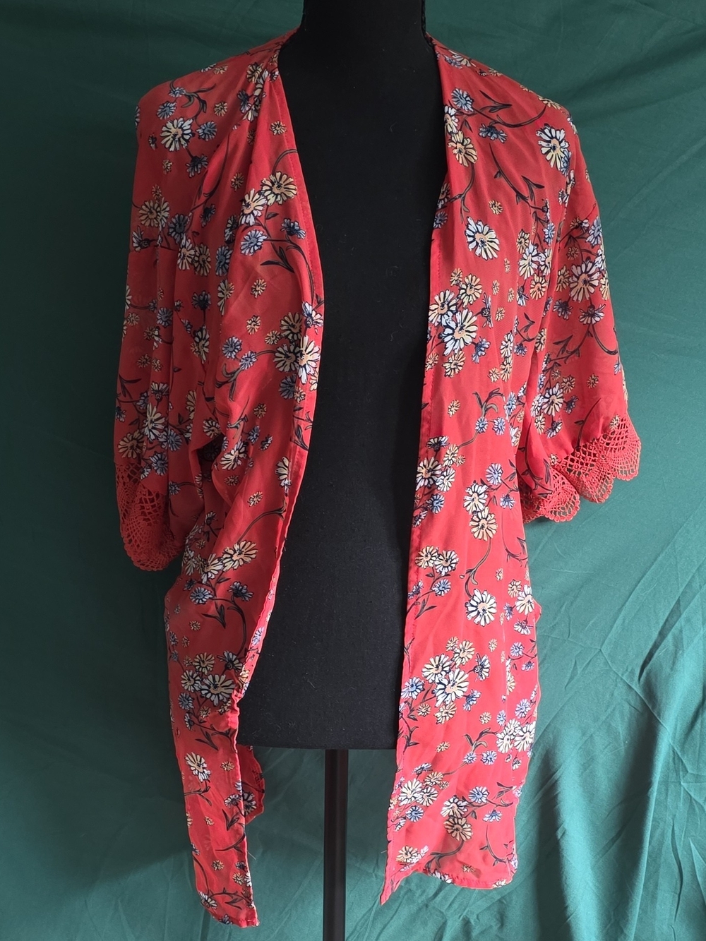 Wallflower Red Floral Open-Front Kimono with Crochet Trim